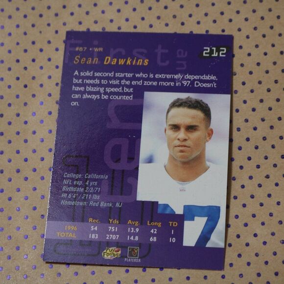 Sean Dawkins #212 Football Card - Picture 2 of 2